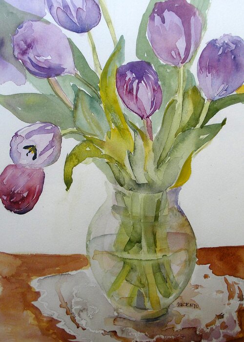 Floral Greeting Card featuring the painting Tulips with Scarf by Mafalda Cento