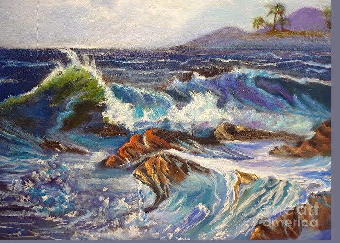 Blue Green Waves Greeting Card featuring the painting Turbulent Waters Hawaii by Jenny Lee