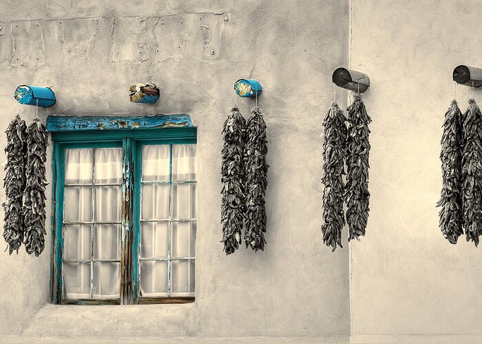 Window Greeting Card featuring the photograph Turquoise Pueblo Traces by Stellina Giannitsi