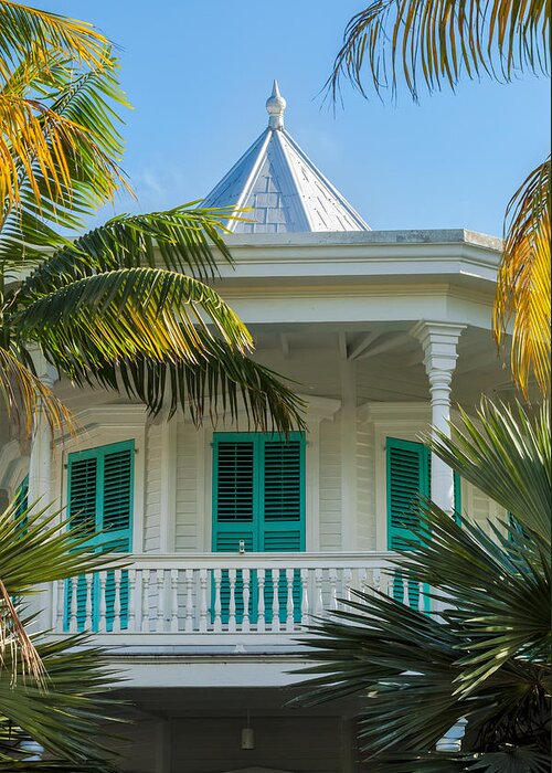 Balcony Greeting Card featuring the photograph Turquoise Shutters Key West Porch by Ed Gleichman