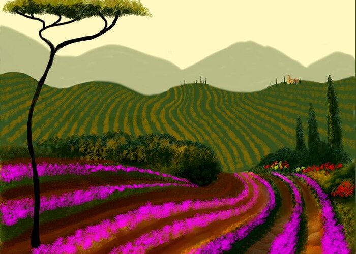 Tuscany Fields Greeting Card featuring the painting Tuscan Fields Of Color by Larry Cirigliano