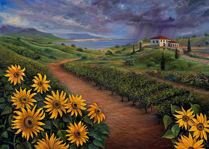 Sunflower Greeting Card featuring the painting Tuscan Landscape by Claudia Goodell
