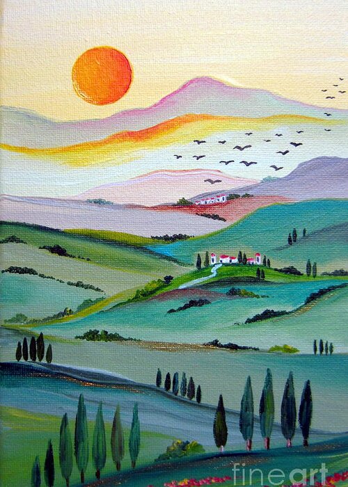 Tuscany Greeting Card featuring the painting Tuscany sunset by Roberto Gagliardi