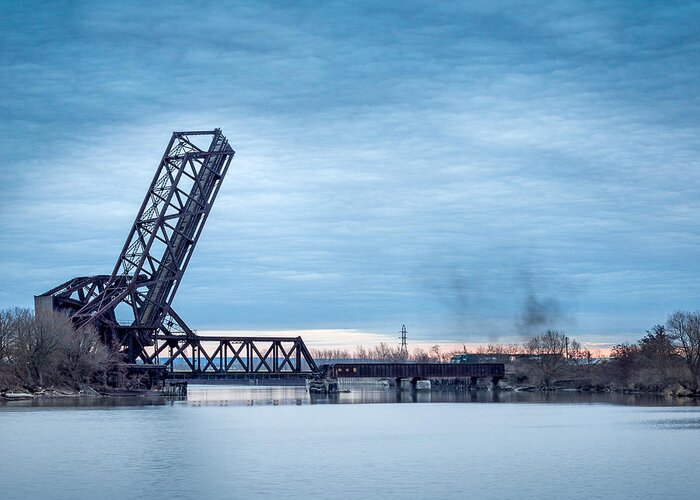 Landscape Greeting Card featuring the photograph Twilight locomotive crossing Buffalo River by Chris Bordeleau