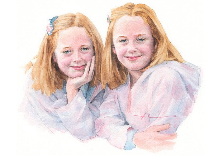 <a Href=http://miketheuer.com Target =_blank>www.miketheuer.com</a> Twin Sisters Watercolor Portrait Greeting Card featuring the drawing Twin Sisters Watercolor Portrait by Mike Theuer