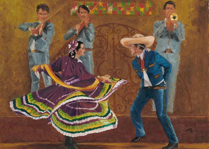 Folklorico Greeting Card featuring the painting Twirling Skirt by Maria Gibbs
