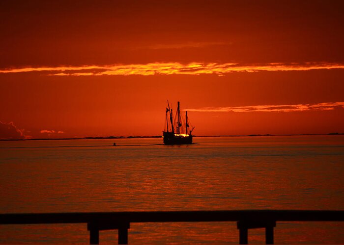 Landscape Greeting Card featuring the photograph Two 3-Masted Schooners Sail Off into the Santa Rosa Sound Sunset by Jeff at JSJ Photography