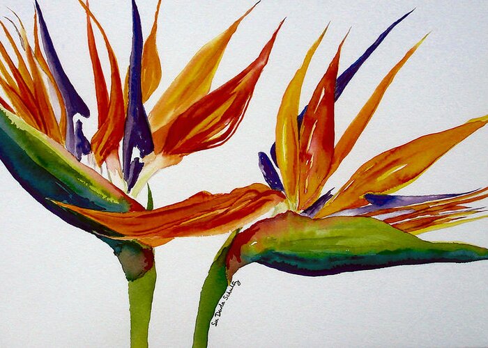 Watercolor Painting Greeting Card featuring the painting Two Birds of Paradise by Susan Duda