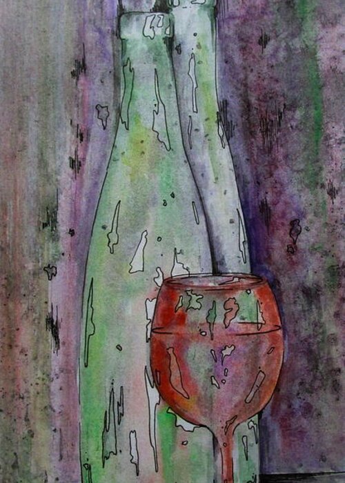 Wine Greeting Card featuring the painting Two Bottles And A Red Glass by Catherine Howley