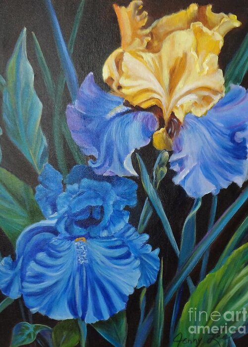 Blue Iris Greeting Card featuring the painting Two Fancy Iris by Jenny Lee