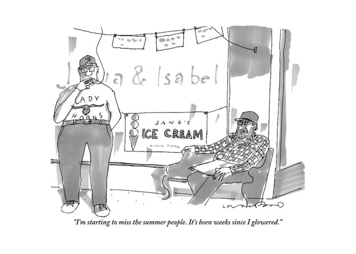 Vacation Greeting Card featuring the drawing Two Men Sit Outside An Ice Cream Shop Smoking by Michael Crawford