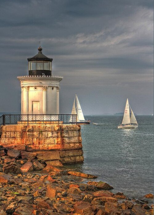Lighthouse Greeting Card featuring the photograph Two ships passing in the day by Derek House