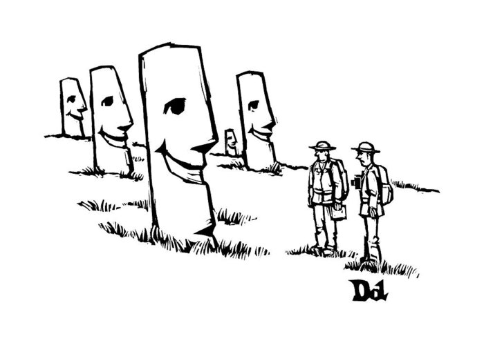 Easter Island Greeting Card featuring the drawing Two Tourists/ Explorers On Easter Island Come by Drew Dernavich
