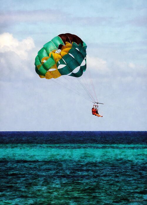 Parasailing Greeting Card featuring the photograph Two Women Parasailing in the Bahamas by Susan Savad