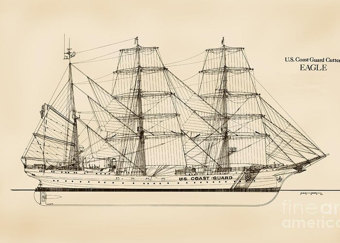 Uscg Greeting Card featuring the drawing U. S. Coast Guard Cutter Eagle - Sepia by Jerry McElroy