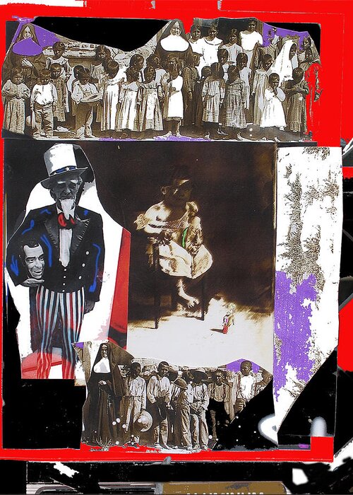 Uncle Sam Nuns Sitting Child Collage Color Added 1972 Democratic National Convention Miami Beach Florida Tohono O'odham Indian Students San Xavier Mission Tucson Greeting Card featuring the photograph Uncle Sam Richard Nixon mask nuns sitting child collage 2013 by David Lee Guss