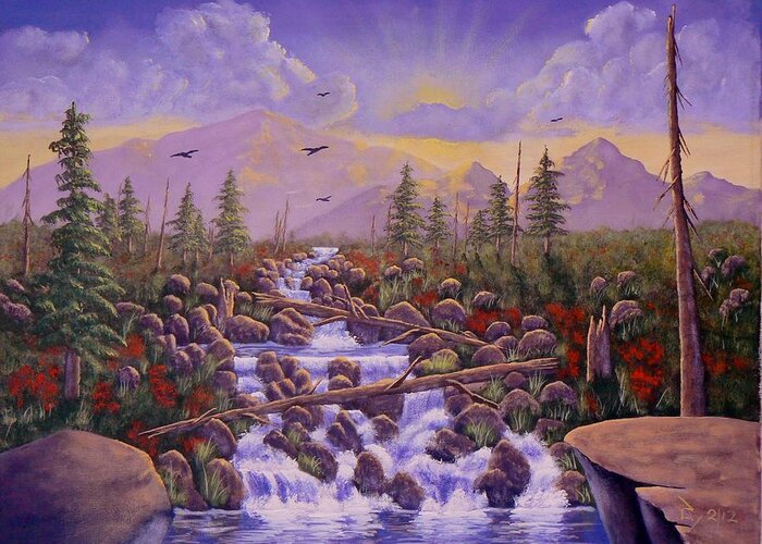 Landscape Greeting Card featuring the painting Under the Rainbow by Ray Nutaitis