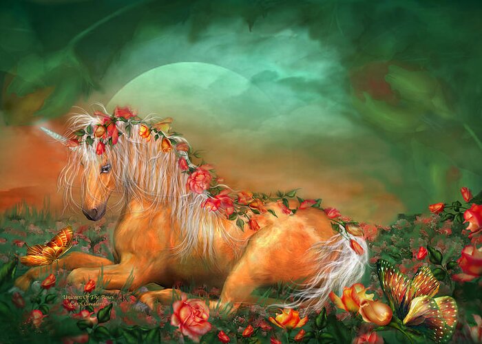 Unicorn Greeting Card featuring the mixed media Unicorn Of The Roses by Carol Cavalaris