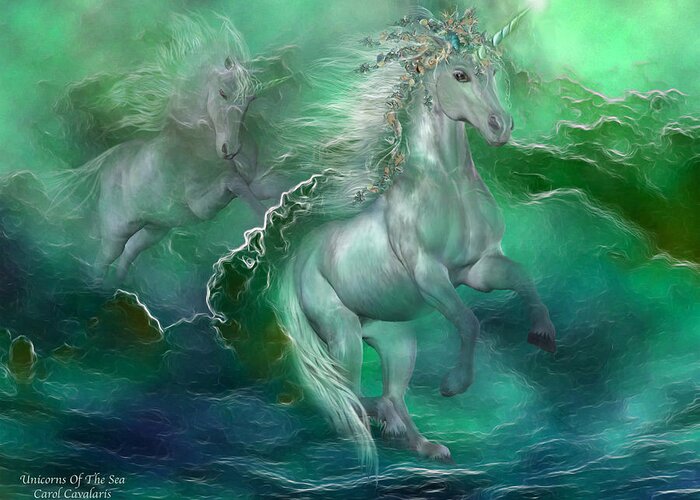 Unicorn Greeting Card featuring the mixed media Unicorns Of The Sea by Carol Cavalaris