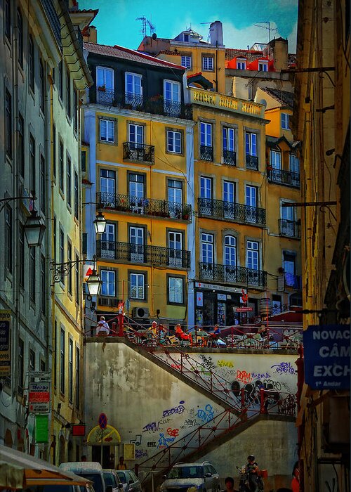 Up The Stairs Greeting Card featuring the photograph Up the Stairs - Lisbon by Mary Machare
