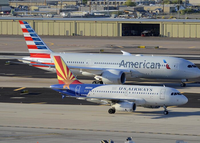Airplane Greeting Card featuring the photograph US Airways Airbus A319 N826AW Arizona American Boeing 787 N801AC Phoenix Sky Harbor March 10 2015 by Brian Lockett