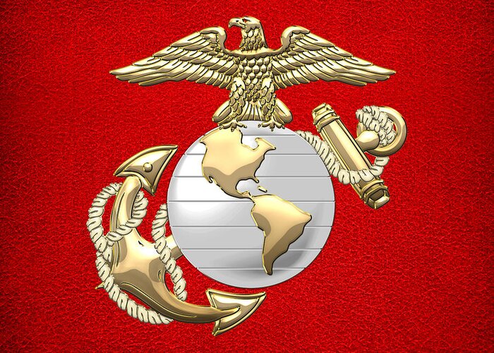 'military Insignia & Heraldry 3d' Collection By Serge Averbukh Greeting Card featuring the digital art U. S. Marine Corps Eagle Globe and Anchor - E G A on Red Leather by Serge Averbukh