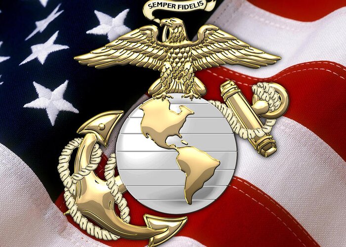 'military Insignia & Heraldry 3d' Collection By Serge Averbukh Greeting Card featuring the digital art U. S. Marine Corps - U S M C Eagle Globe and Anchor over American Flag. by Serge Averbukh