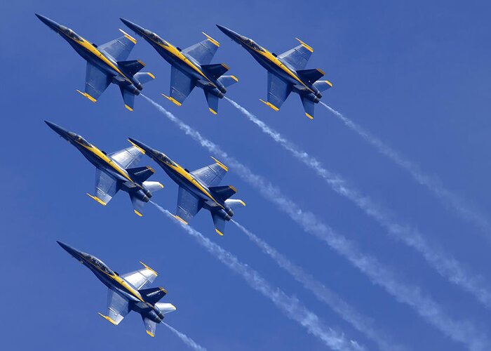 Airplane Greeting Card featuring the photograph US Navy Blue Angels Delta Formation FA-18 Hornet NAFEC el Centro February 19 2015 by Brian Lockett