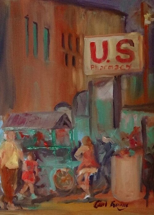 Mexico Street Scene Greeting Card featuring the painting US Pharmacy by Carol Berning
