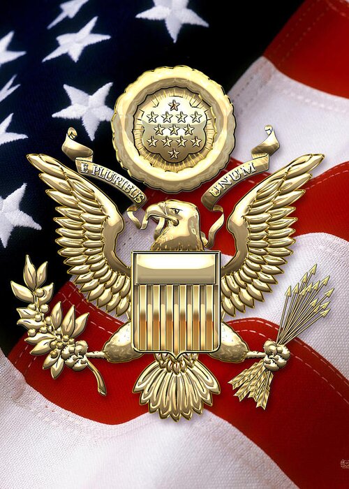 C7 World Heraldry 3d Greeting Card featuring the digital art U. S. A. Great Seal in Gold over American Flag by Serge Averbukh