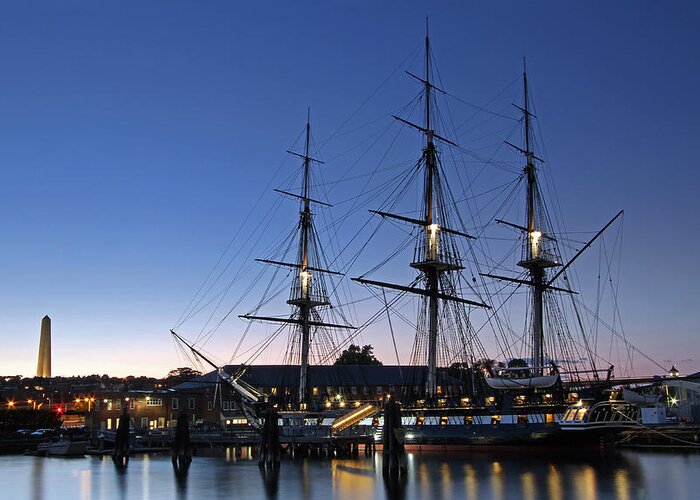 Boston Greeting Card featuring the photograph USS Constitution and Bunker Hill Monument by Juergen Roth