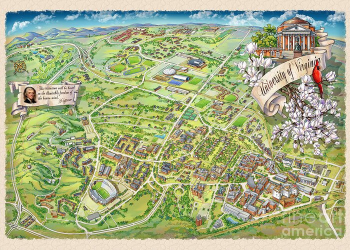 Uva Campus Illustrated Map Greeting Card featuring the painting UVA Grounds Illustration 2014 by Maria Rabinky