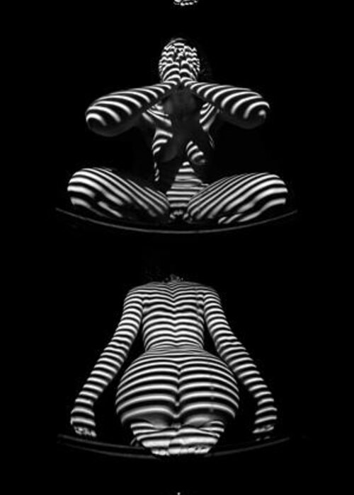 Black White Greeting Card featuring the photograph V Stripe Series One Abstract Zebra Woman 1 to 3 Ratio by Chris Maher
