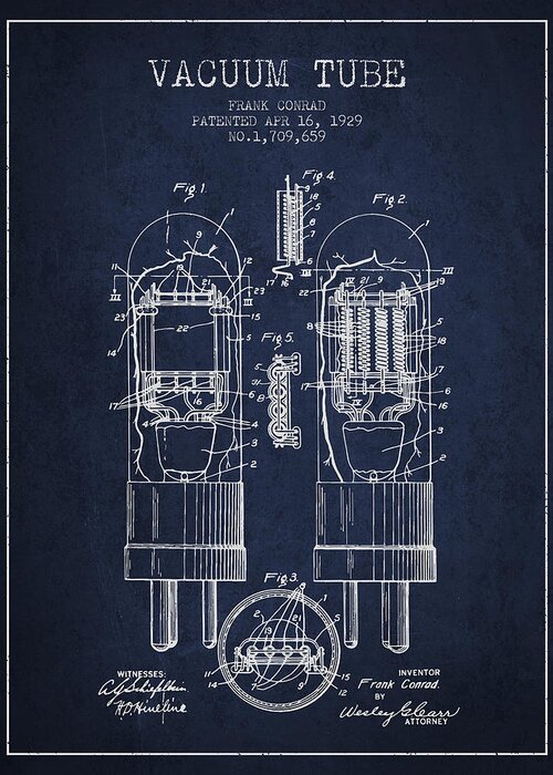 Vacuum Tube Greeting Card featuring the digital art Vacuum Tube Patent From 1929 - Navy Blue by Aged Pixel