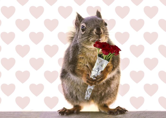 Valentines Day Greeting Card featuring the photograph Valentines Day Squirrel with a Dozen Red Roses by Peggy Collins