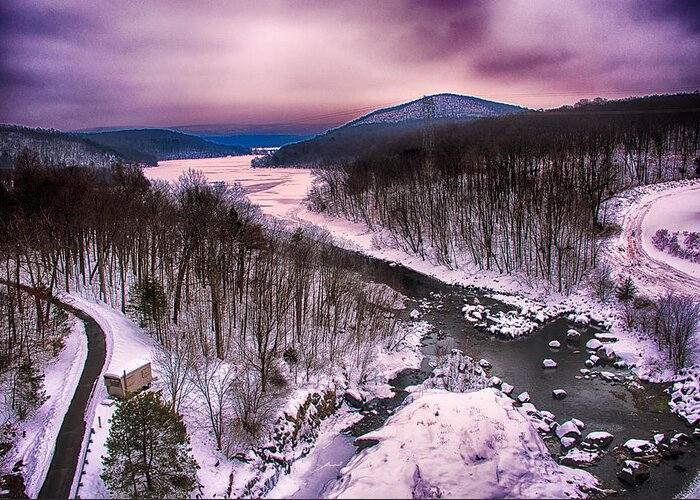 Winter Greeting Card featuring the photograph Valley below the dam by Alan Goldberg