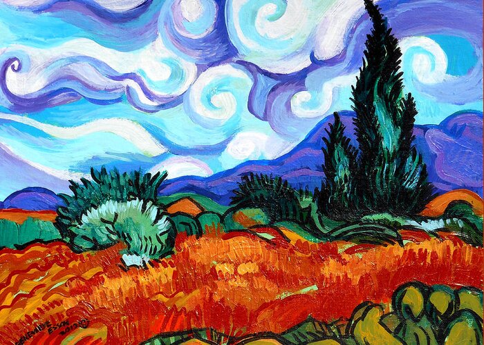 Vincent Van Gogh Greeting Card featuring the painting Van Goghs Wheat Field With Cypress by Genevieve Esson