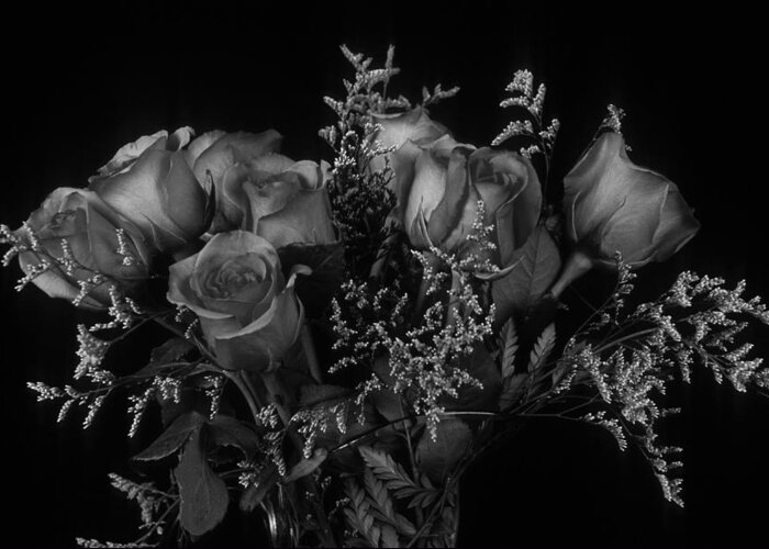 Rose Greeting Card featuring the photograph Vase of Roses in Black and White by Keith Gondron