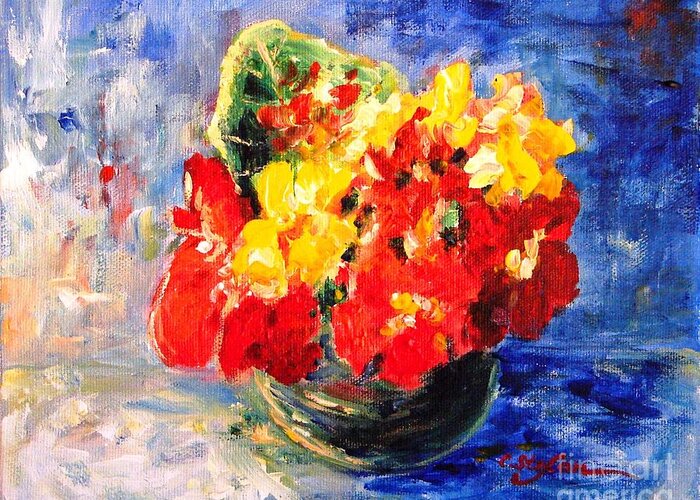 Vase With Nasturtiums Greeting Card featuring the painting Vase with Nasturtiums by Cristina Stefan