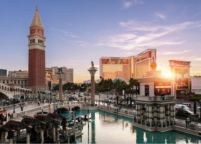 Downtown District Greeting Card featuring the photograph Venetian Hotel At Sunset, Las Vegas, Usa by Sylvain Sonnet