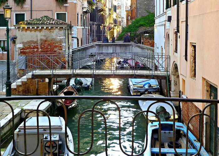 Waterway Greeting Card featuring the photograph Venice Canal Boats by KATIE Vigil