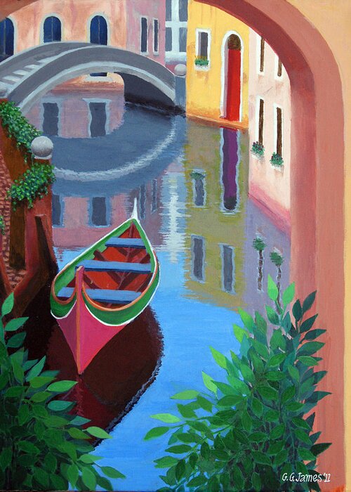 Venice Boat Canal Water Reflections Sparkling Photo Realism Greeting Card featuring the painting Venice by GG James