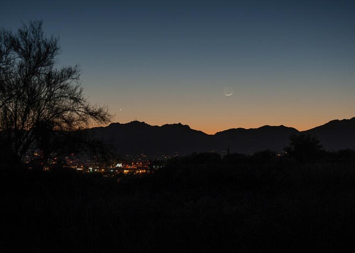 Arizona Greeting Card featuring the photograph Venus and a young Moon over Tucson by Dan McManus