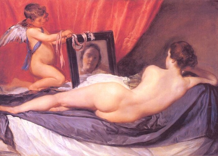 Venus At Her Mirror Greeting Card featuring the digital art Venus at Her Mirror by Diego Rodriguez de Silva Velazquez