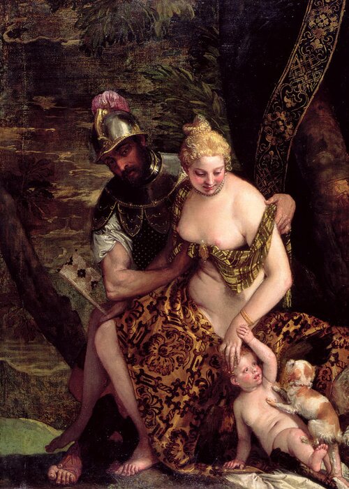 Nude Greeting Card featuring the photograph Venus, Cupid And Mars Oil On Canvas by Veronese