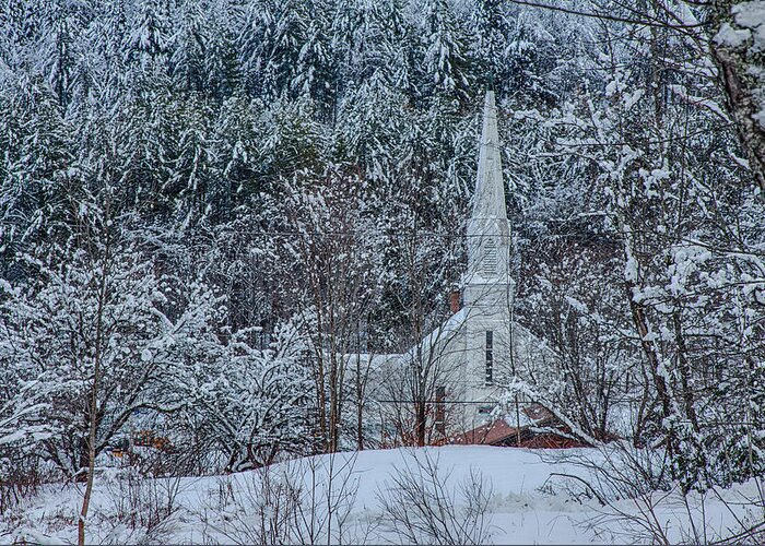 Church Steeple Greeting Card featuring the photograph Vermont church in snow by Jeff Folger