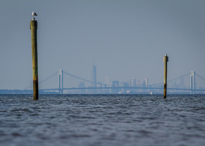 Bayshore Waterfront Greeting Card featuring the photograph Verrazano-Narrows bridge and NYC skyline from Port Monmouth by SAURAVphoto Online Store