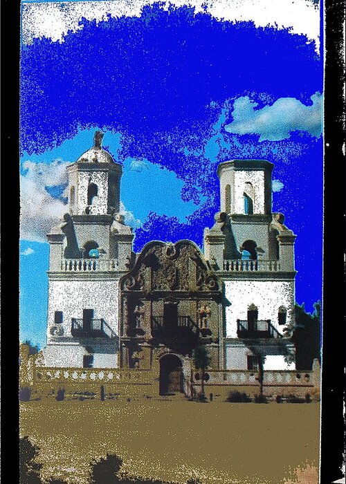 San Xavier Mission Vertical Front Ted Degrazia Tucson Arizona Greeting Card featuring the photograph Vertical view San Xavier Mission Tucson Arizona unknown date-2013 by David Lee Guss