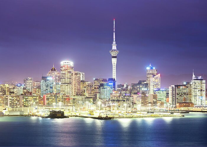 Downtown District Greeting Card featuring the photograph View Of Auckland City And Cbd At Dusk by Matteo Colombo