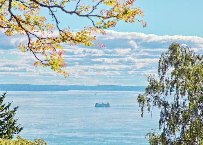 Tranquility Greeting Card featuring the photograph View Of Ferry On Puget Sound by Mel Curtis